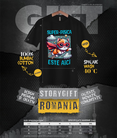 Tricou Femei, Barbati, Copii, Fata, Baiat, Unisex Personalizat Super-Pisica Este Aici! Pisica Cu Pelerină și Masca De Super-Erou – Cadou Personalizat Pentru Familie și Copii [3]