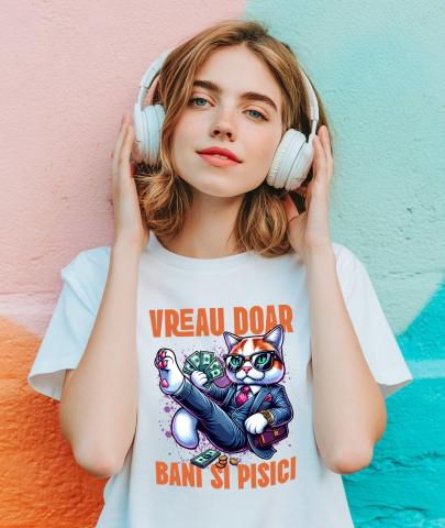 Tricou Femei, Barbati, Copii, Fata, Baiat, Unisex Personalizat Pisica în Costum Office cu Bancnote Bani - Avere și Lux pentru Iubitorii de Pisici [1]