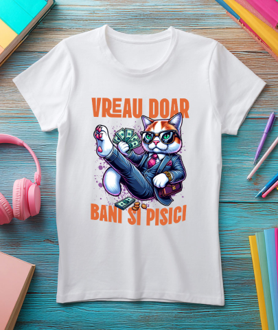 Tricou Femei, Barbati, Copii, Fata, Baiat, Unisex Personalizat Pisica în Costum Office cu Bancnote Bani - Avere și Lux pentru Iubitorii de Pisici [2]