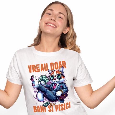 Tricouri - Tricou Femei, Barbati, Copii, Fata, Baiat, Unisex Personalizat Pisica în Costum Office cu Bancnote Bani - Avere și Lux pentru Iubitorii de Pisici