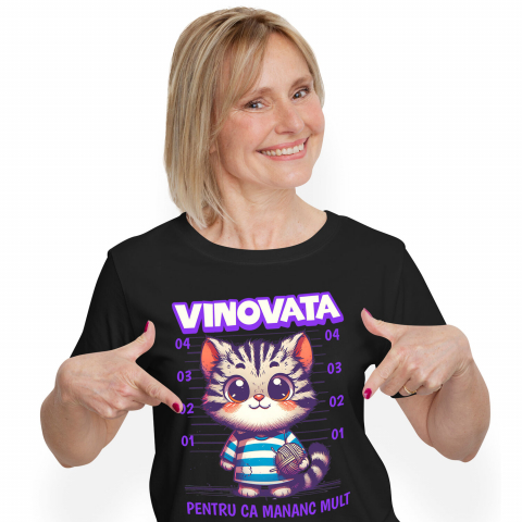 PISICI - Tricou Femei, Barbati, Copii, Fata, Baiat, Unisex Personalizat Pisica În Dungi Cu Ghem De Lână „Vinovată Pentru Că Mănânc Mult” – Cadou Amuzant Pentru Iubitorii De Pisici