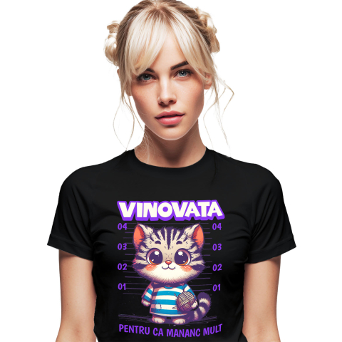 Pisici - Tricou Femei, Barbati, Copii, Fata, Baiat, Unisex Personalizat Pisica În Dungi Cu Ghem De Lână „Vinovată Pentru Că Mănânc Mult” – Cadou Amuzant Pentru Iubitorii De Pisici