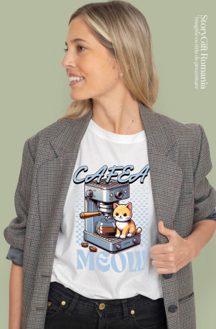 Tricou Femei, Barbati, Copii, Fata, Baiat, Unisex Personalizat „Pahar Personalizat „Cafea Meow” – Cadou Iubitorilor de Pisici și Cafea” [1]