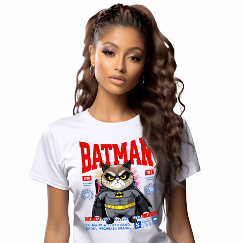 Tricouri - Tricou Femei, Barbati, Copii, Fata, Baiat, Unisex Personalizat Pisica Morocănoasă în Costum de Batman – Un Supererou Amuzant pentru Iubitorii de Animale