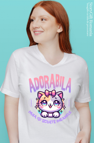 Tricou Femei, Barbati, Copii, Fata, Baiat, Unisex Personalizat Pisica Multicoloră Cu Funda Și Ochii Strălucitori „Adorabilă Până Își Scoate Ghearele” – Cadou Amuzant Pentru Iubitorii De Pisici [1]