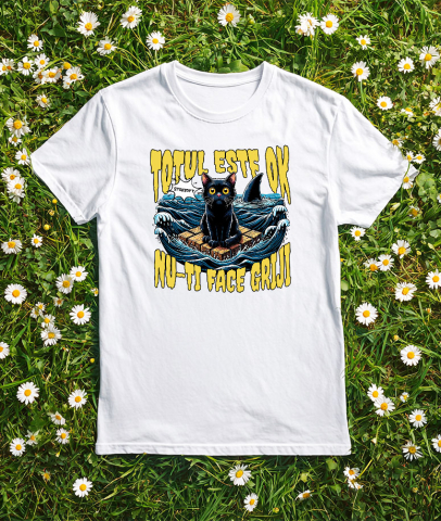 Tricou Femei, Barbati, Copii, Fata, Baiat, Unisex Personalizat Pisica Anxietate Pe Mare Cu Rechini „Totul Este Ok, Nu-ți Face Griji” – Cadou Amuzant Pentru Iubitorii De Pisici [2]