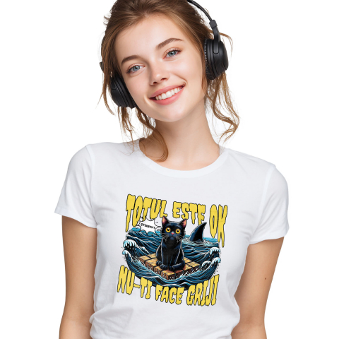 Tricou Femei, Barbati, Copii, Fata, Baiat, Unisex Personalizat Pisica Anxietate Pe Mare Cu Rechini „Totul Este Ok, Nu-ți Face Griji” – Cadou Amuzant Pentru Iubitorii De Pisici