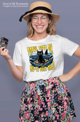 Tricou Femei, Barbati, Copii, Fata, Baiat, Unisex Personalizat Pisica Anxietate Pe Mare Cu Rechini „Totul Este Ok, Nu-ți Face Griji” – Cadou Amuzant Pentru Iubitorii De Pisici [1]