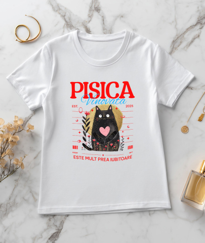 Tricou Femei, Barbati, Copii, Fata, Baiat, Unisex Personalizat "Pisica Neagră cu Inima Roz - Cadou Amuzant pentru Iubitori de Pisici" [2]