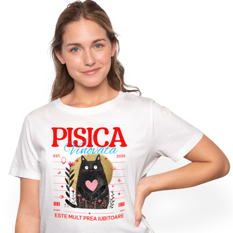 Tricou Femei, Barbati, Copii, Fata, Baiat, Unisex Personalizat "Pisica Neagră cu Inima Roz - Cadou Amuzant pentru Iubitori de Pisici"