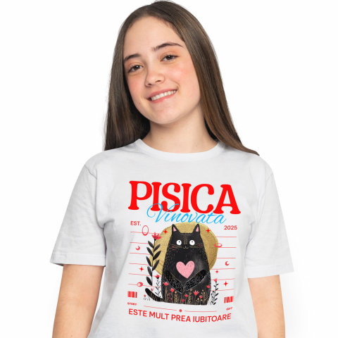 Tricou Femei, Barbati, Copii, Fata, Baiat, Unisex Personalizat "Pisica Neagră cu Inima Roz - Cadou Amuzant pentru Iubitori de Pisici"