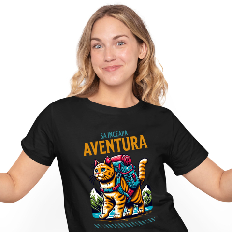 Calatorie - Tricou Femei, Barbati, Copii, Fata, Baiat, Unisex Personalizat "Cadou Pisica Gata de Aventură – Drumeție în Munte și Lac pentru Iubitorii de Natură și Familii"