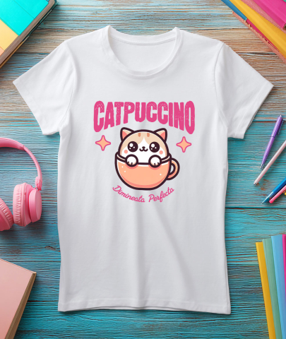 Tricou Femei, Barbati, Copii, Fata, Baiat, Unisex Personalizat „Pahar Personalizat „Catpuccino Dimineața Perfectă” – Cadou Pisică și Cafea pentru Iubitori” [2]
