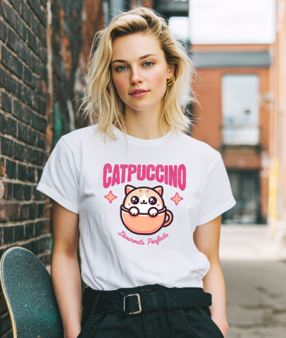 Tricou Femei, Barbati, Copii, Fata, Baiat, Unisex Personalizat „Pahar Personalizat „Catpuccino Dimineața Perfectă” – Cadou Pisică și Cafea pentru Iubitori” [1]