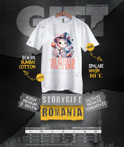 Tricou Femei, Barbati, Copii, Fata, Baiat, Unisex Personalizat Pisica Pufoasă cu Mătura de Vrăjitoare | Cadou Halloween Adorabil [3]