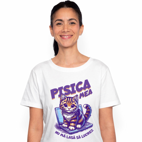 PISICI - Tricou Femei, Barbati, Copii, Fata, Baiat, Unisex Personalizat Pisica Pe Laptop „Pisica Mea Nu Mă Lasă Să Lucrez” – Cadou Amuzant Pentru Iubitorii De Pisici Și Birou