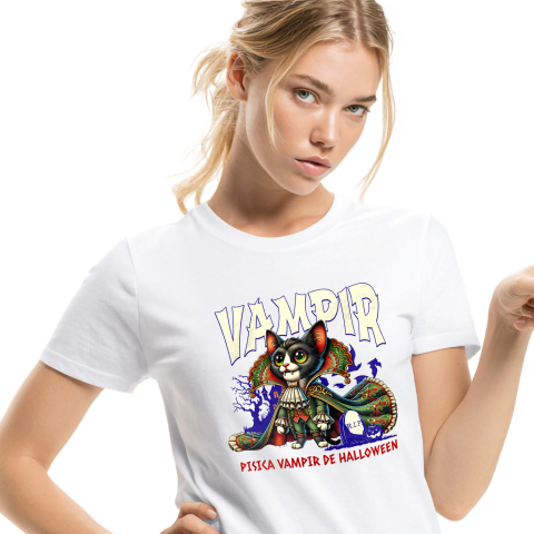 Halloween - Tricou Femei, Barbati, Copii, Fata, Baiat, Unisex Personalizat Costum Pisica Regina Vampir cu Colți pentru Halloween | Pisica Vampir de Halloween