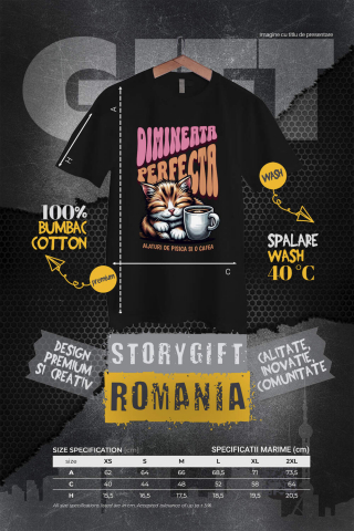 Tricou Femei, Barbati, Copii, Fata, Baiat, Unisex Personalizat „Pisică Somnoroasă cu Cană de Cafea – Dimineața Perfectă pentru Iubitorii de Pisici” [3]