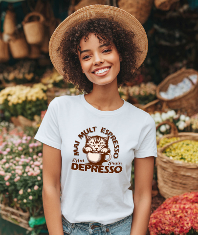 Tricou Femei, Barbati, Copii, Fata, Baiat, Unisex Personalizat „Cană Personalizată „Mai Mult Expresso Mai Puțin Depresso” cu Pisică Somnoroasă – Cadou Amuzant pentru Iubitorii de Cafea și Pisici” [1]