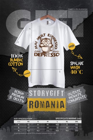 Tricou Femei, Barbati, Copii, Fata, Baiat, Unisex Personalizat „Cană Personalizată „Mai Mult Expresso Mai Puțin Depresso” cu Pisică Somnoroasă – Cadou Amuzant pentru Iubitorii de Cafea și Pisici” [3]
