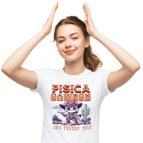Tricou Femei, Barbati, Copii, Fata, Baiat, Unisex Personalizat "Pisica Stil Cowboy - Cadou Iubire și Sprijin Personalizat"