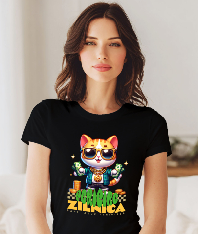 Tricou Femei, Barbati, Copii, Fata, Baiat, Unisex Personalizat Pisica Gangster cu Bancnote și Aur – „Banii Aduc Fericirea Zilnică” – Cadou Personalizat pentru Familie, Tati, Copii, Prieteni [1]