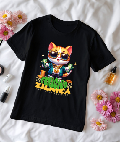 Tricou Femei, Barbati, Copii, Fata, Baiat, Unisex Personalizat Pisica Gangster cu Bancnote și Aur – „Banii Aduc Fericirea Zilnică” – Cadou Personalizat pentru Familie, Tati, Copii, Prieteni [2]