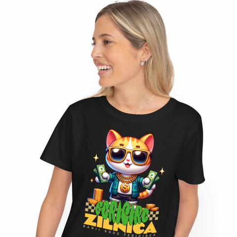 Tricou Femei, Barbati, Copii, Fata, Baiat, Unisex Personalizat Pisica Gangster cu Bancnote și Aur – „Banii Aduc Fericirea Zilnică” – Cadou Personalizat pentru Familie, Tati, Copii, Prieteni