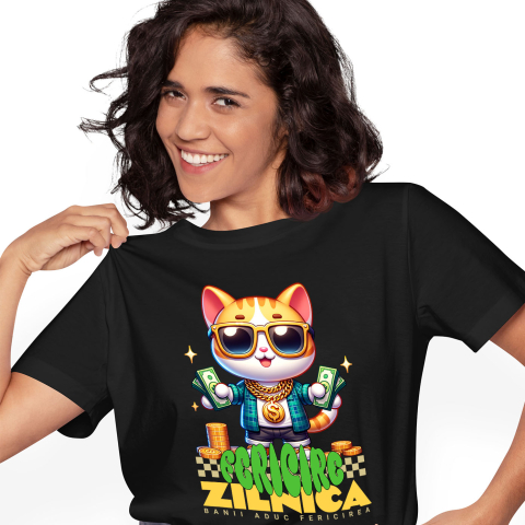 Tricou Femei, Barbati, Copii, Fata, Baiat, Unisex Personalizat Pisica Gangster cu Bancnote și Aur – „Banii Aduc Fericirea Zilnică” – Cadou Personalizat pentru Familie, Tati, Copii, Prieteni