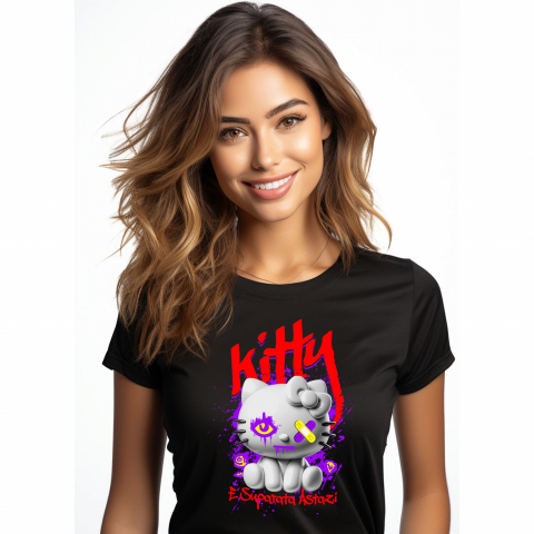 PISICI - Tricou Femei, Barbati, Copii, Fata, Baiat, Unisex Personalizat Pisica Stil Hello Kitty Albă Cu Plasturi La Ochi – Cadou Personalizat „Kitty Supărată Astăzi” pentru Iubitorii De Pisici și Hello Kitty