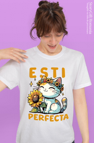 Tricou Femei, Barbati, Copii, Fata, Baiat, Unisex Personalizat "Pisică Veselă cu Coroană de Floare Soarelui - Mesaj 'Ești Perfectă'" [1]