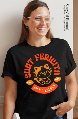 Tricou Femei, Barbati, Copii, Fata, Baiat, Unisex Personalizat Pisică Veselă Portocalie „Sunt Fericită, Nu Mă Enerva” – Cadou Personalizat Pentru Iubitorii De Pisici [1]