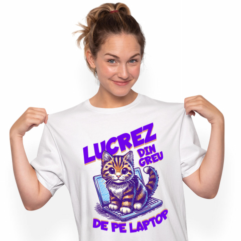MESERII - Tricou Femei, Barbati, Copii, Fata, Baiat, Unisex Personalizat Pisică Veselă pe Laptop – Work From Home cu Animale Blănoase