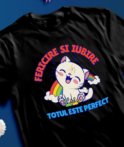 Tricou Femei, Barbati, Copii, Fata, Baiat, Unisex Personalizat "Pisica Veselă cu Curcubeu - Cadou Fericire și Iubire Personalizat" [2]