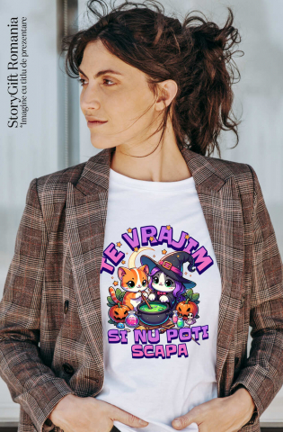 Tricou Femei, Barbati, Copii, Fata, Baiat, Unisex Personalizat Pisici Vrăjitoare cu Poțiune Magică | Cadou Halloween Personalizat | Decor Tematic Halloween [1]