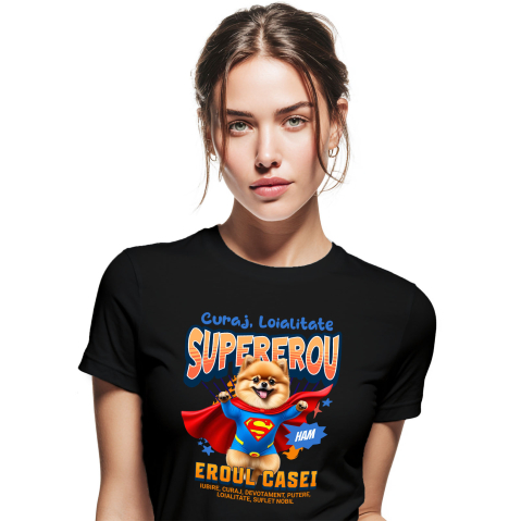 Tricou Femei, Barbati, Copii, Fata, Baiat, Unisex Personalizat Pomeranian și Pisică în Costum de Superman – Produse Personalizate pentru Copii și Familie