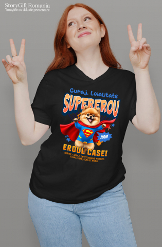 Tricou Femei, Barbati, Copii, Fata, Baiat, Unisex Personalizat Pomeranian și Pisică în Costum de Superman – Produse Personalizate pentru Copii și Familie [1]