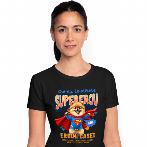 Tricouri - Tricou Femei, Barbati, Copii, Fata, Baiat, Unisex Personalizat Pomeranian și Pisică în Costum de Superman – Produse Personalizate pentru Copii și Familie