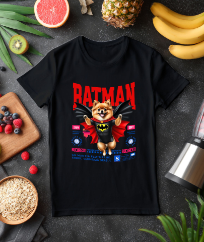Tricou Femei, Barbati, Copii, Fata, Baiat, Unisex Personalizat Pomeranian în Costum de Batman – Supereroul Blănos Perfect pentru Copii și Iubitorii de Animale [2]
