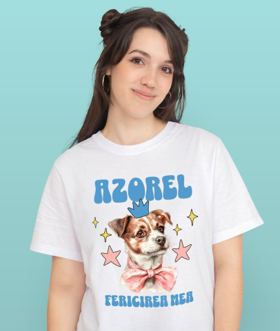 Tricou Femei, Barbati, Copii, Fata, Baiat, Unisex Personalizat Azorel Fericirea Mea – Portret Animat Câine Regal | Cadou Personalizat [1]