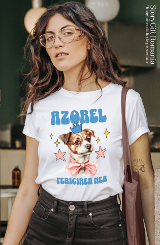 Tricou Femei, Barbati, Copii, Fata, Baiat, Unisex Personalizat Azorel Fericirea Mea – Portret Animat Câine Regal | Cadou Personalizat [1]