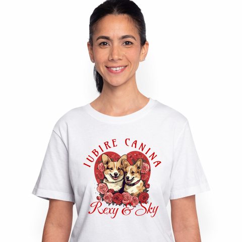 Tricou Femei, Barbati, Copii, Fata, Baiat, Unisex Personalizat Portret Cuplu Câini – Rexy & Sky Valentine's Day | Cadou Personalizat