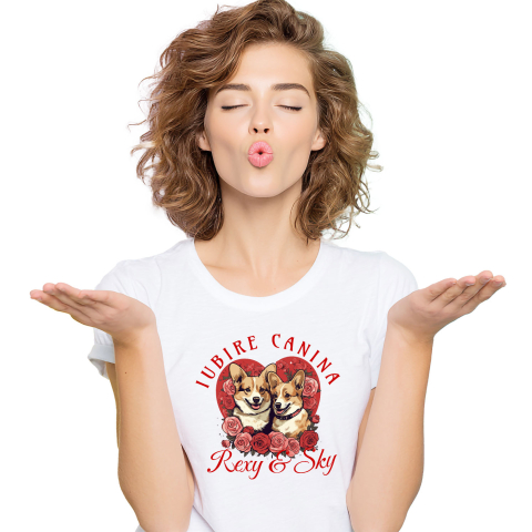 Caini - Tricou Femei, Barbati, Copii, Fata, Baiat, Unisex Personalizat Portret Cuplu Câini – Rexy & Sky Valentine's Day | Cadou Personalizat