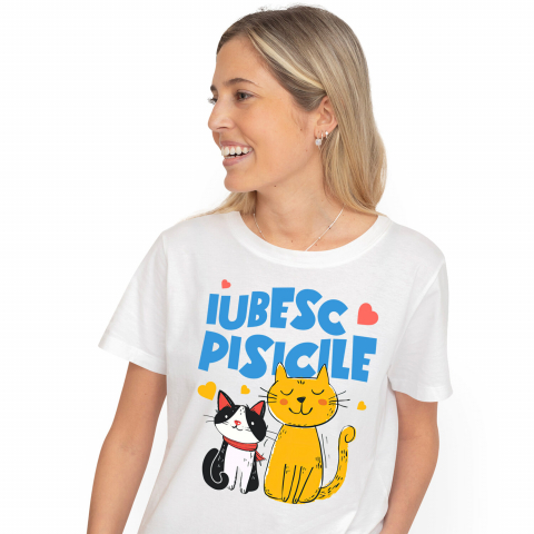 PISICI - Tricou Femei, Barbati, Copii, Fata, Baiat, Unisex Personalizat Portret Două Pisici Portocalie și Neagră „Iubesc Pisicile” – Cadou Personalizat Pentru Iubitorii De Pisici