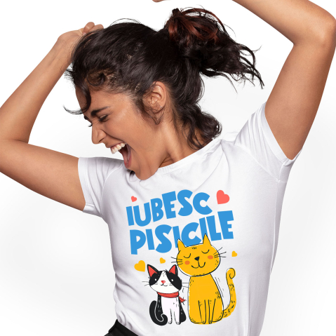 Pisici - Tricou Femei, Barbati, Copii, Fata, Baiat, Unisex Personalizat Portret Două Pisici Portocalie și Neagră „Iubesc Pisicile” – Cadou Personalizat Pentru Iubitorii De Pisici