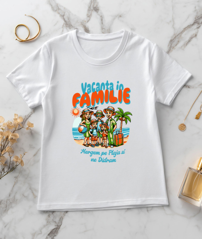 Tricou Femei, Barbati, Copii, Fata, Baiat, Unisex Personalizat Portret Familie Pe Plajă – Cadou Personalizat Perfect Pentru Vacanță [2]