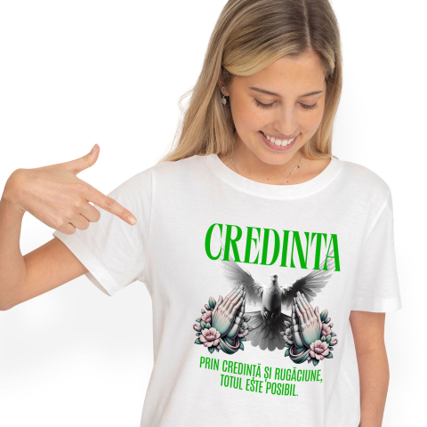Tricou Femei, Barbati, Copii, Fata, Baiat, Unisex Personalizat "Porumbel Alb – Puritate, Credință și Rugăciune | Totul Este Posibil"