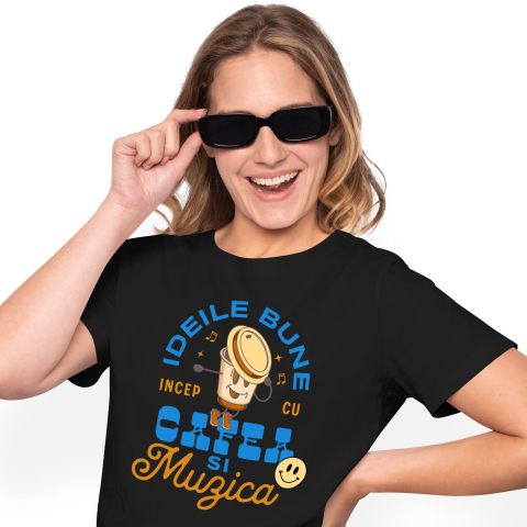 Tricou Femei, Barbati, Copii, Fata, Baiat, Unisex Personalizat „Pahar Personalizat „Ideile Bune Încep Cu Cafea și Muzica” – Cadou Perfect pentru Iubitorii de Cafea și Muzică”