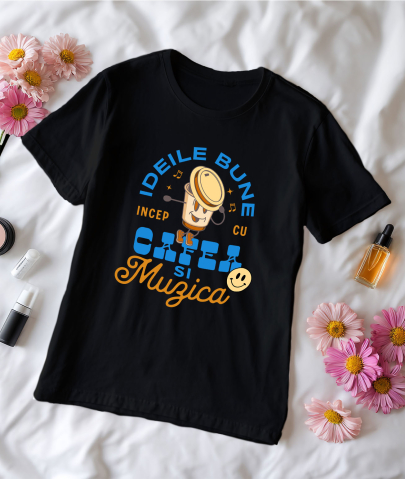 Tricou Femei, Barbati, Copii, Fata, Baiat, Unisex Personalizat „Pahar Personalizat „Ideile Bune Încep Cu Cafea și Muzica” – Cadou Perfect pentru Iubitorii de Cafea și Muzică” [2]