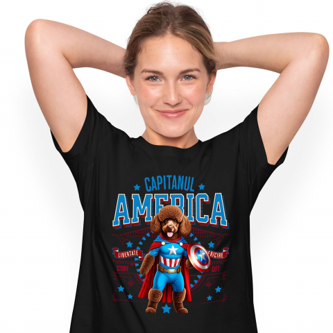 Tricouri - Tricou Femei, Barbati, Copii, Fata, Baiat, Unisex Personalizat Pudel în Costum Captain America cu Pelerină - Cadou Personalizat pentru Copii și Iubitorii de Câini